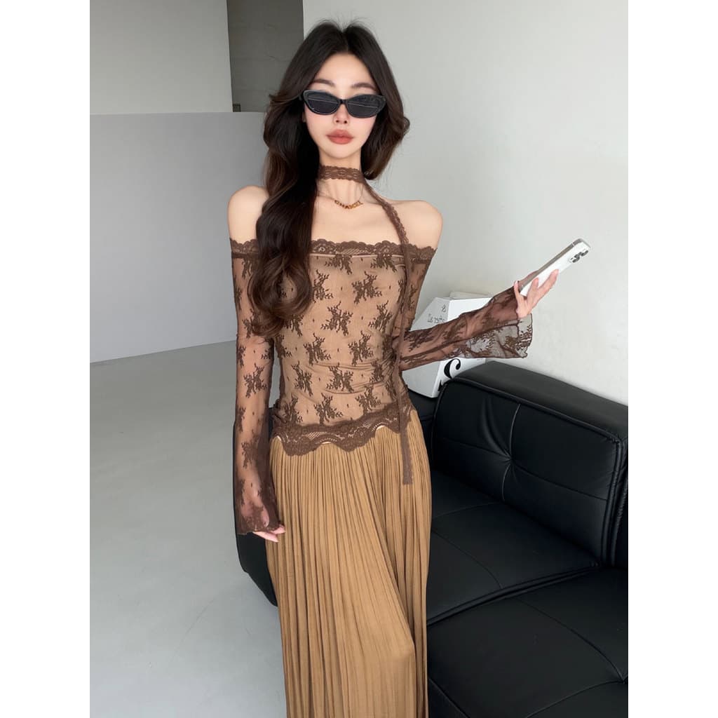Praia Nomad Style ~ Retro Lace Layered Style Costura Vestido Exclusivo Nicho Elegante Cintura Estreita Drape Saia Longa