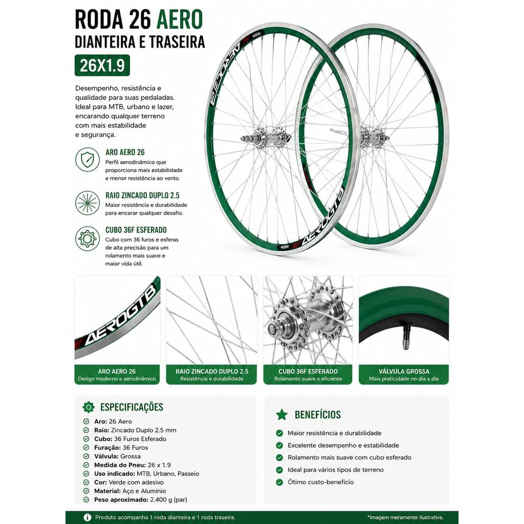 Roda Aro 26 Verde Aero 26x1.9 Cubo Aço 36F Raio Grosso Bicicleta Bike MTB Urbana