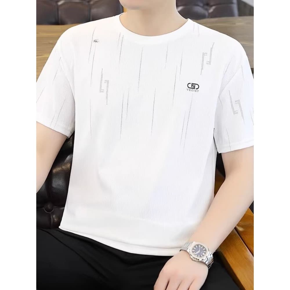 Camiseta masculina de manga curta com gola redonda de seda gelada de alta qualidade 2026 verão novo estilo respirável le