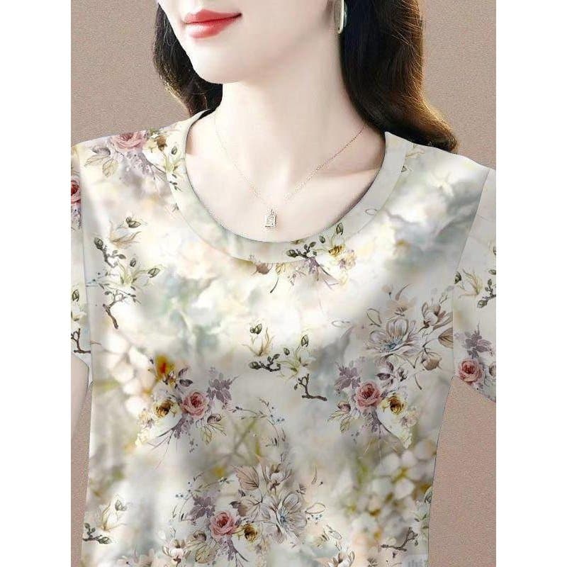 Verão estilo fino capa barriga simples impresso de manga curta em torno do pescoço camiseta mãe de meia-idade usar All-M