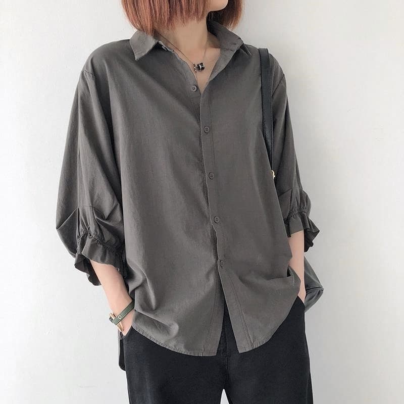 Camisa de manga lanterna feminina verão novo estilo versão coreana camisa de manga média solta tamanho grande estilo fin