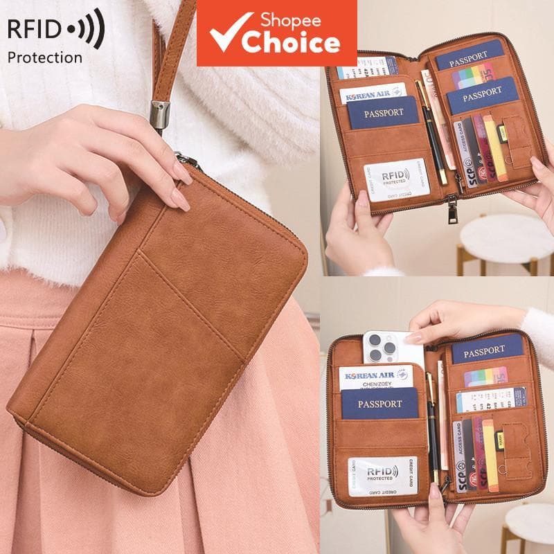 Porta-Passaporte Antifurto RFID, Material PU Durável, Múltiplos Bolsos para Cartões, Alça de Mão, Organizador Portátil,
