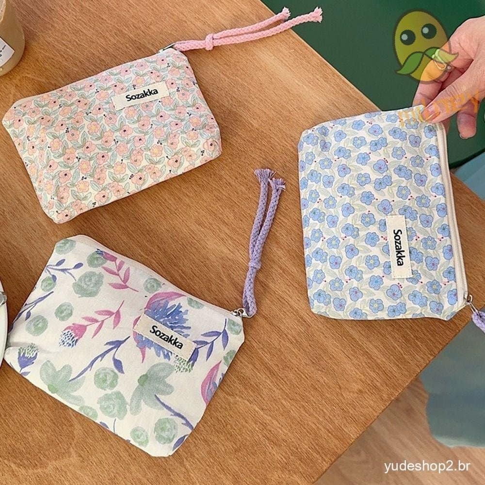 Bolsa Cosmética MILLNEY , Porta-Cartões Com Impressão De Flores Pequenas , Feminina De Armazenamento De Lona Zíper Suave