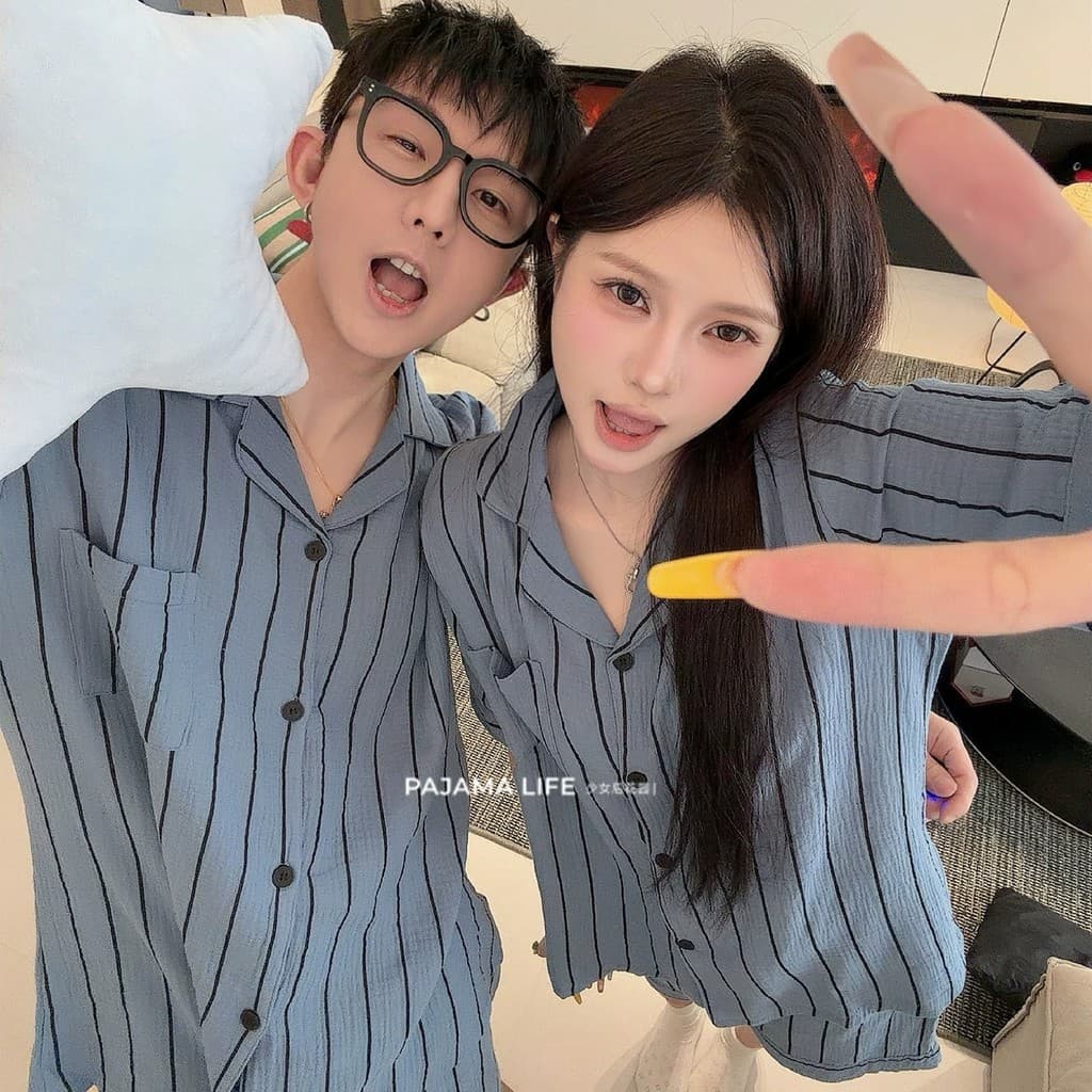 Japonês simples Haze azul casal pijamas das mulheres dos homens verão puro algodão fino listrado de manga curta lapela L
