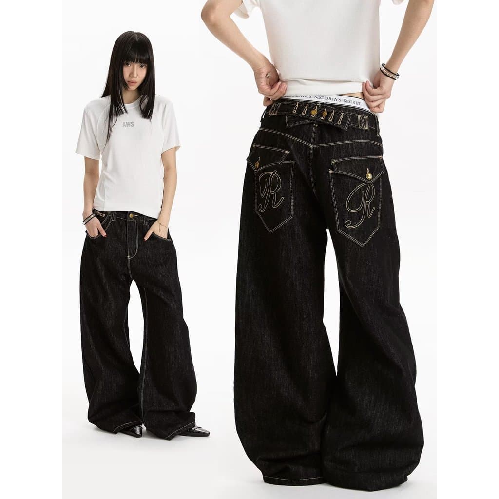 Calça Jeans bordada retrô americana feminina solta reta cintura alta perna larga