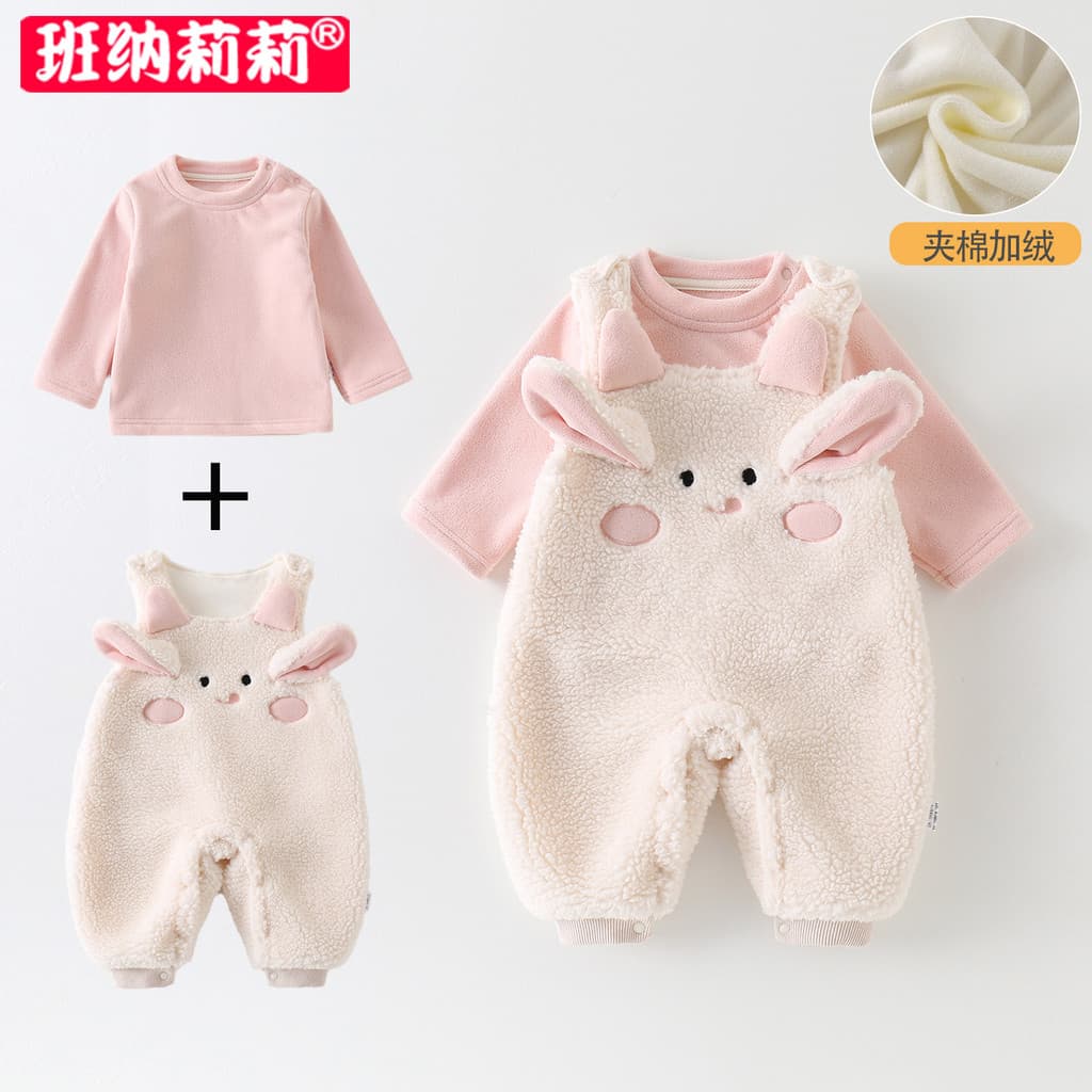 Bebê outono inverno terno 2025 novo estilo bebê menina forro de lã camisa de fundo acolchoado macacão roupas de inverno