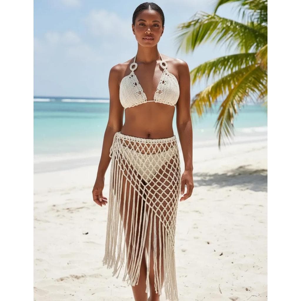 Conjunto De Crochê Artesanal Feminino Top Argola e Saia Com Franja Moda Praia