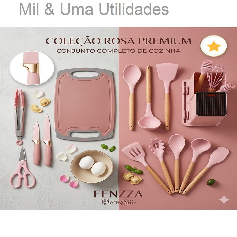 Kit Completo de Utensílios de Cozinha 19 Peças, Suporte Organizador – Silicone Resistente e Cabo AmadeiradoJT6H21PGPROG