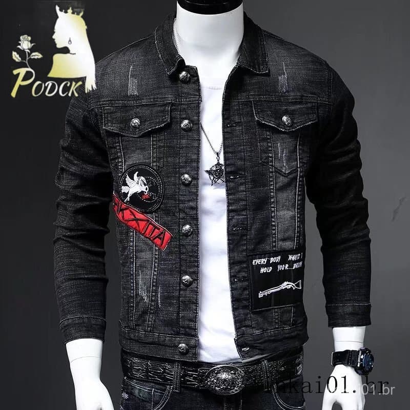 Estação europeia jaqueta jeans masculina primavera outono tendência Retro fino ajuste estiramento jaqueta bordada