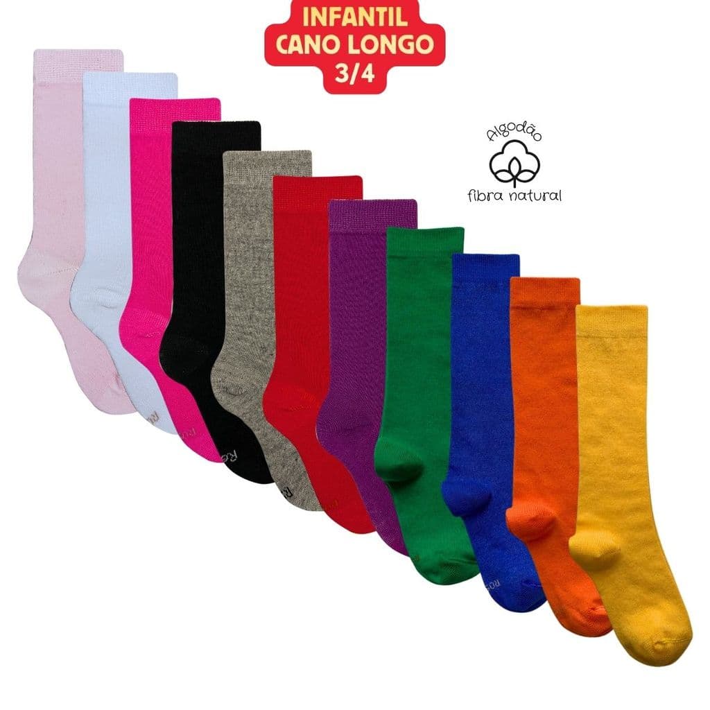 Meia 3/4 Infantil Algodão Cano Longo Colorida Lisa Escolar