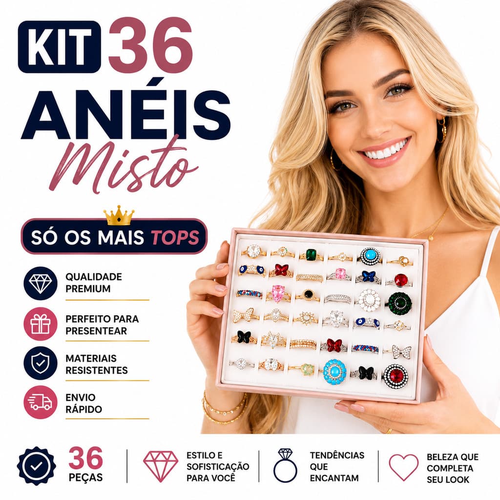 Kit 36 Anéis Femininos Misto Luxo Atacado Semi Joias Ajustáveis Tendência Moda