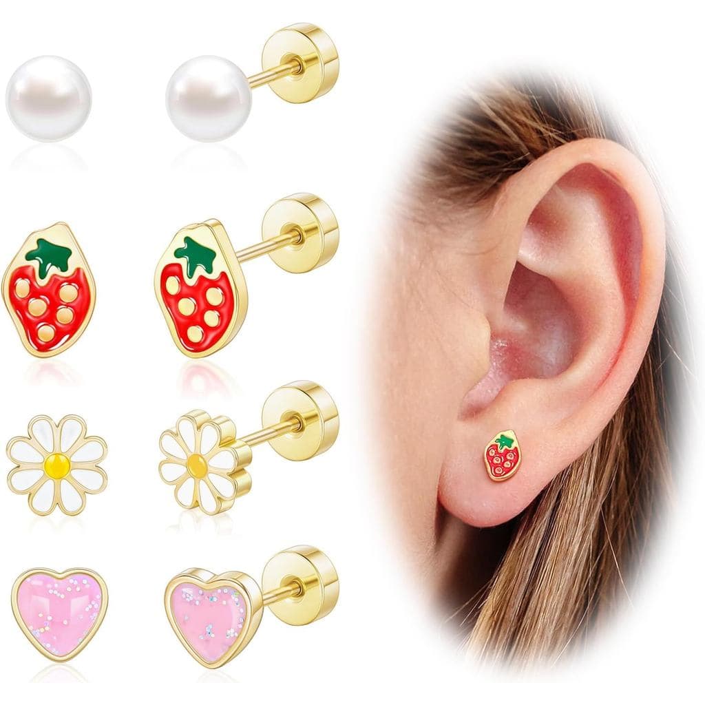 Brincos Hipoalergênicos para Meninas, Brincos Fofos para Crianças e Bebês, Brincos com Fecho de Rosca, Banhados a Ouro 1