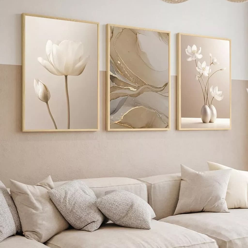 Kit 3 Quadros Decorativos Abstrato Flores Bege