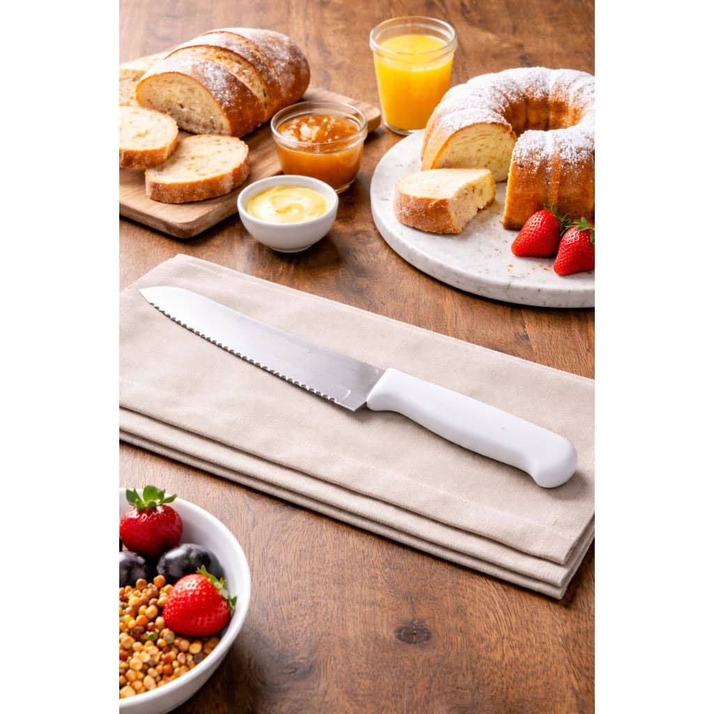 Faca de Pão Bolo Torta Lamina Aço Inox  Serrilhada 6 Polegadas Cabo Plástico Branco Cozinha