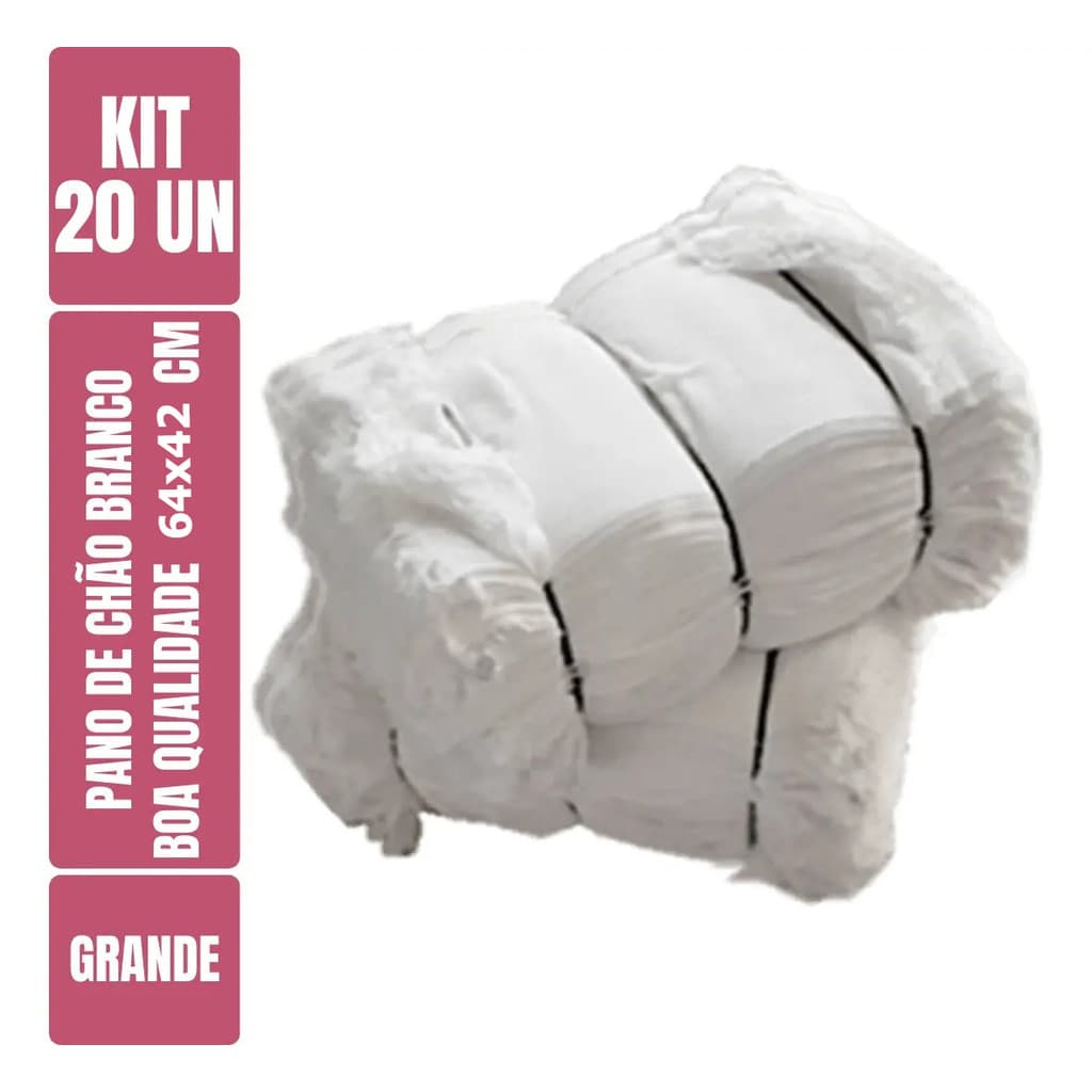 Pano de Chão Branco Alvejado Limpaê Algodão 64x42cm S/ Fiapos Kit 20 Unidades