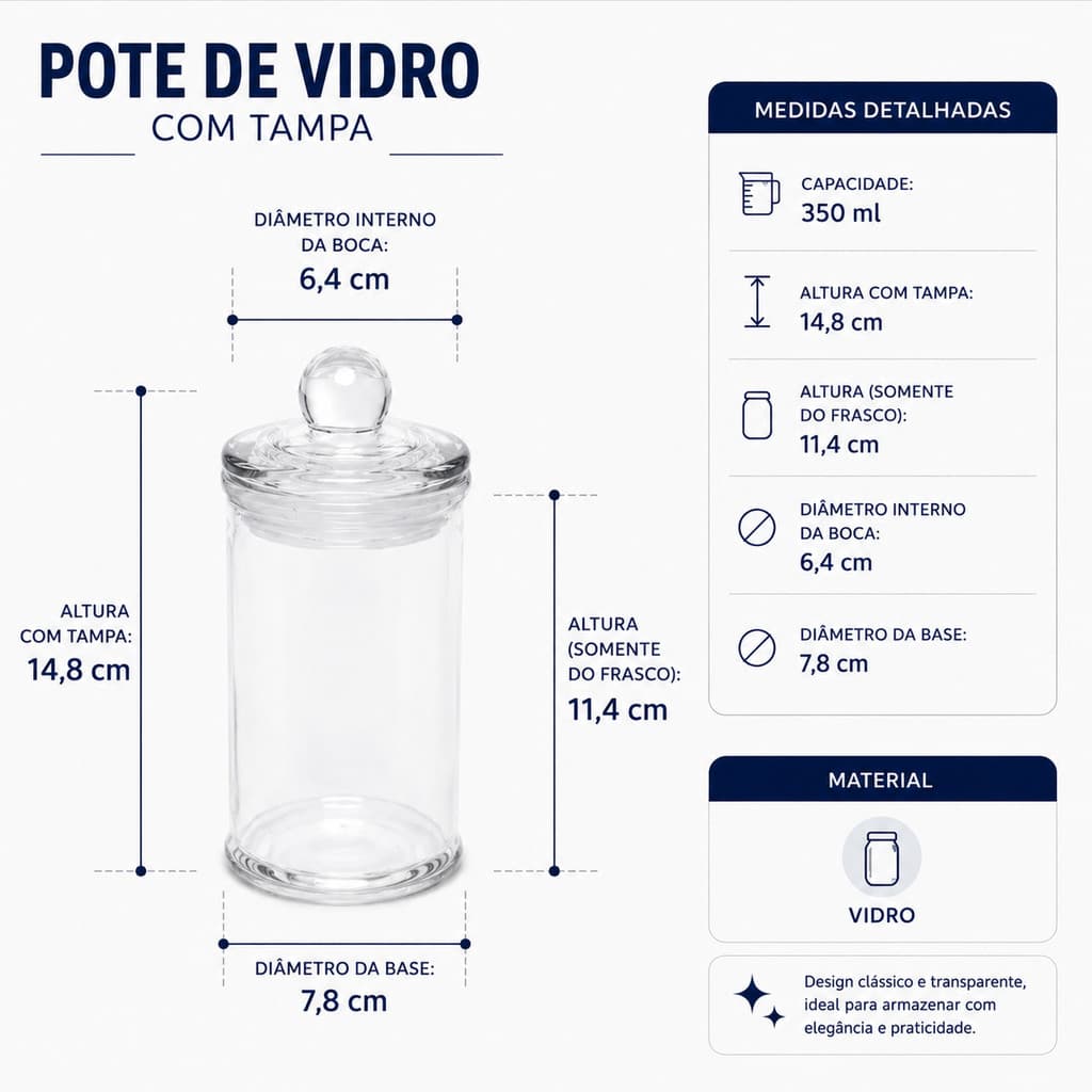 Kit 3 Potes Hermético Redondo Vidro 350ml Bomboniere Doces