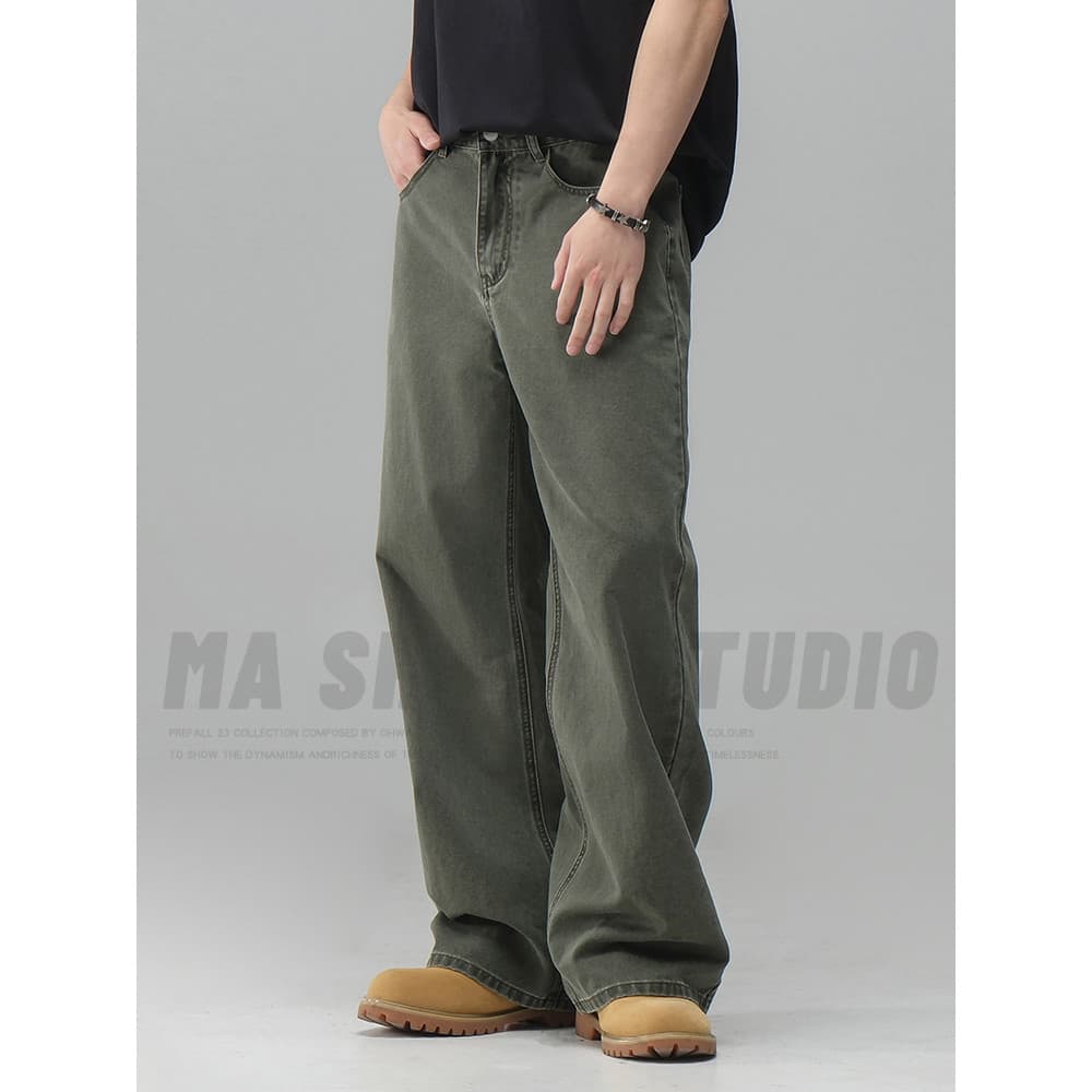 Americano Retro vibe calças de brim de perna larga masculino 2026 novo estilo drapeado esfregar solto mais magro olhar p