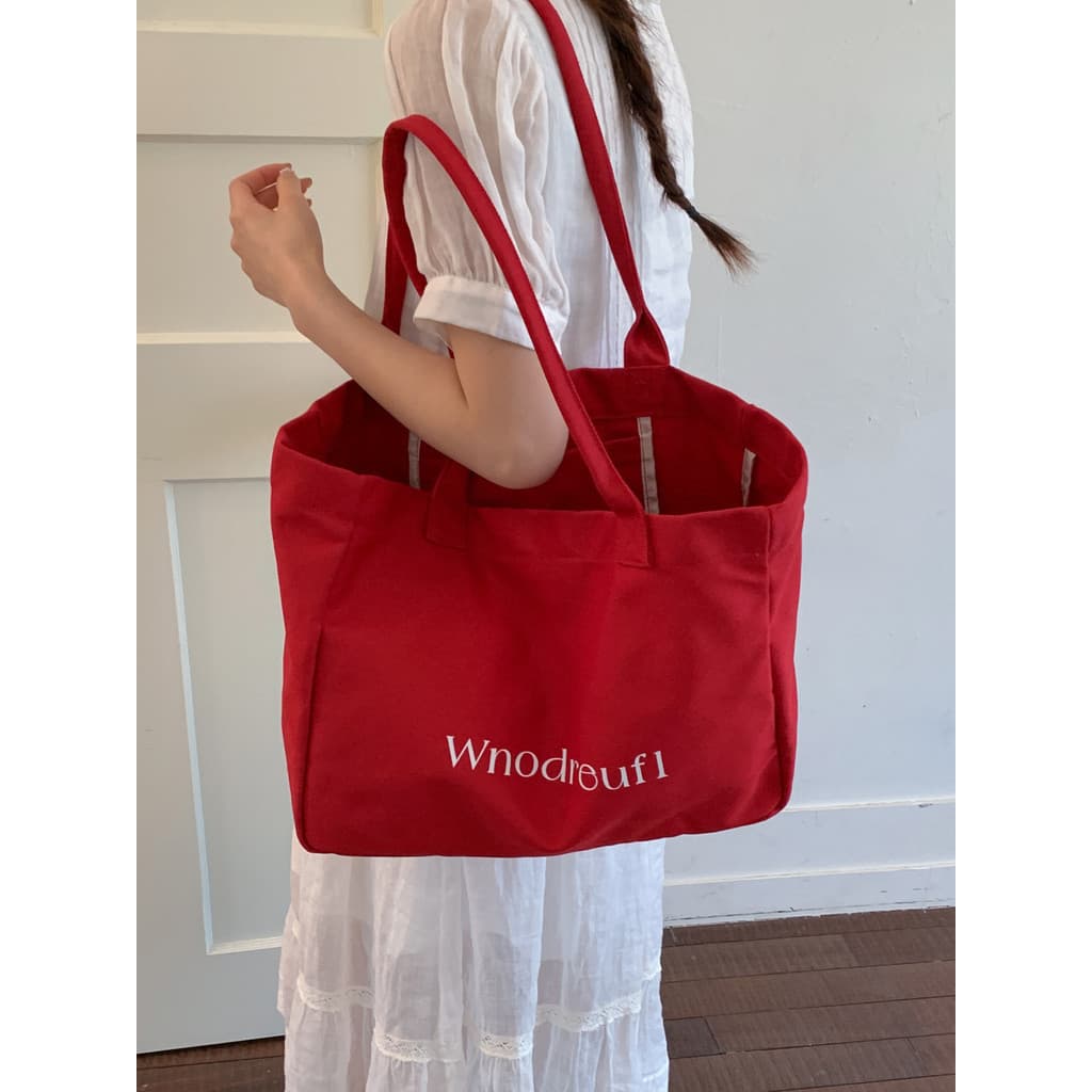 Bolsa de lona vermelha feminina 2026 verão novo estilo grande capacidade Casual carta sacola estilo preguiçoso saco de v