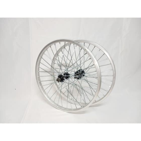 Roda Montada e Centrada p/Bicicleta, Aro 20 Alum. Natural, C/Cubo Pto, S/Marcha, C/Raio Grosso, PAR(Diant.+Tras.)-Rimaxx