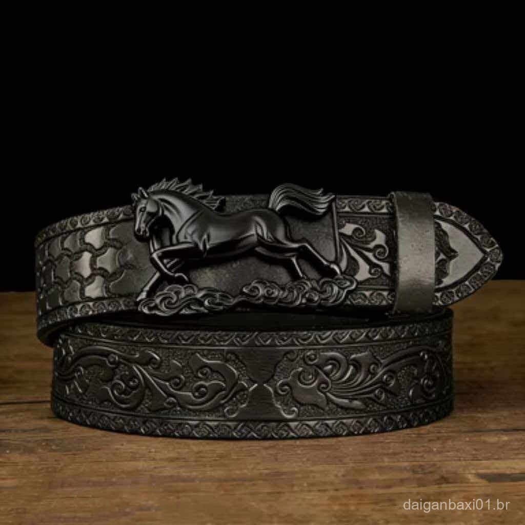 Cinto casual masculino novo com padrão vintage de cabeça de cavalo e folha de bordo, design versátil e espesso, cinto de