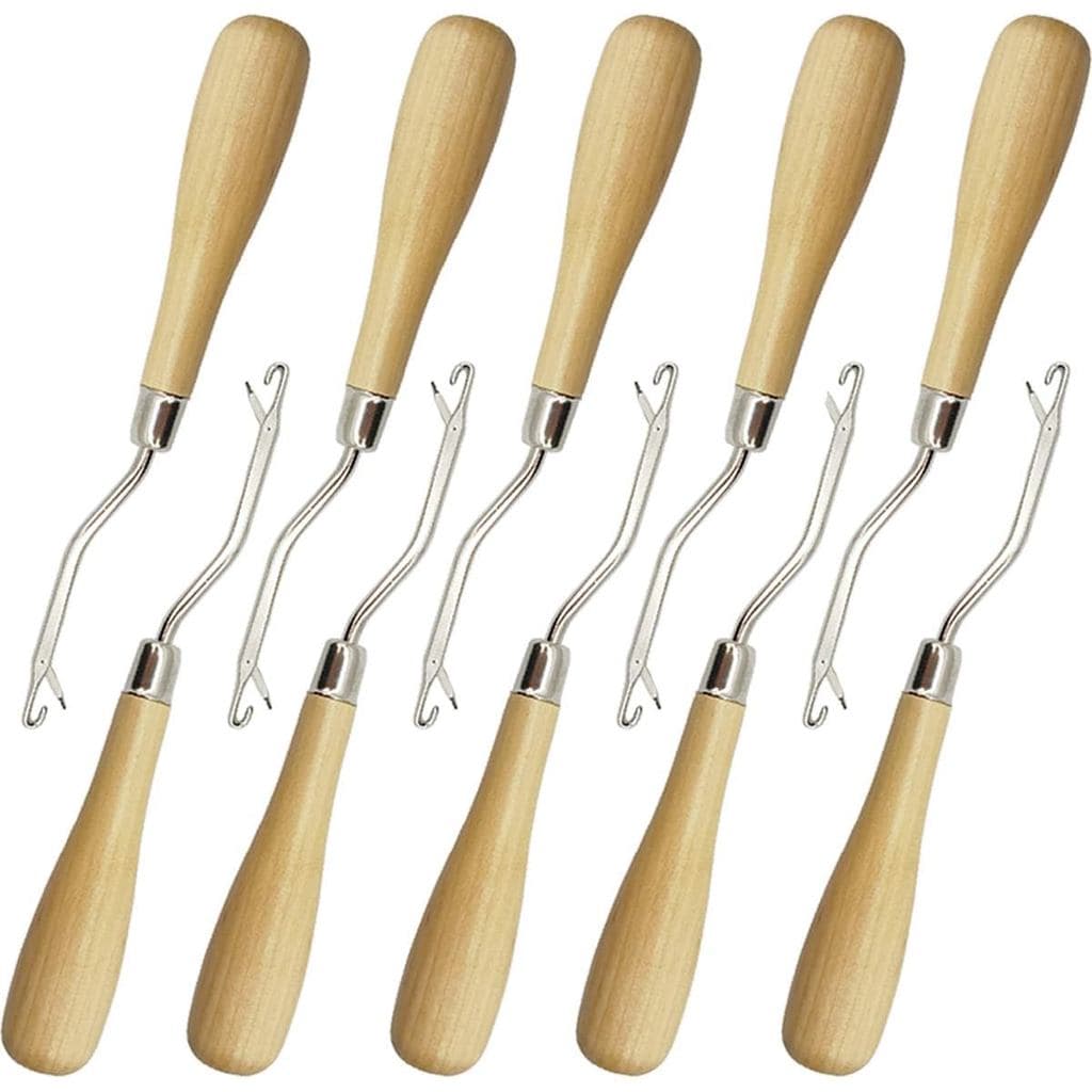 ROYHOO 10PCS Wooden Bent Latch Hook Tool Knitting Tool Needle Hook with Wood Handle for Crafts Carpet