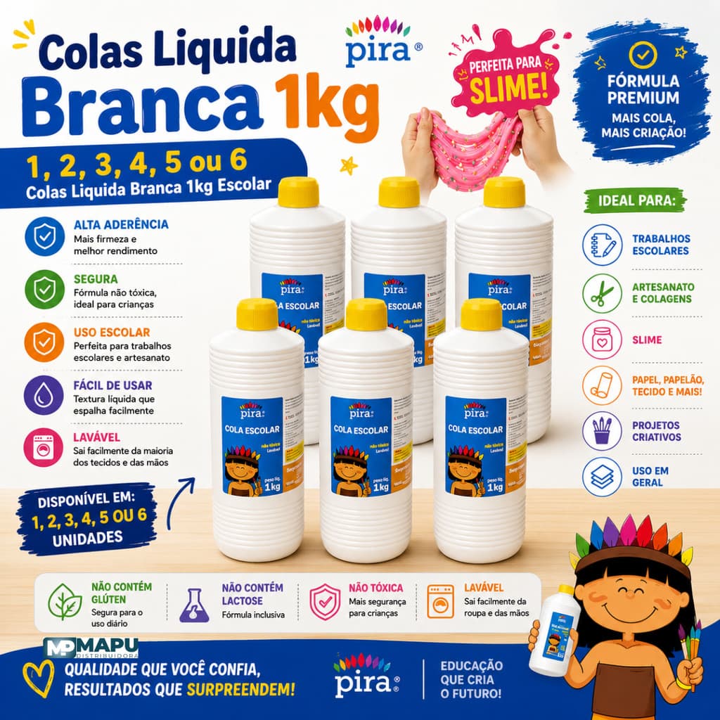 Kit 1, 2, 3, 4, 5 ou 6 Colas Branca Escolar Pira 1kg Lavável / Slime
