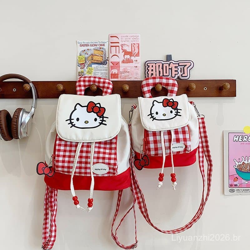 ‌       Nova Mochila Hello Kitty Xadrez Vermelha 2025 - Bolsa Mini Feminina de Desenho Animado, Bolsa de Ombro DRGJ