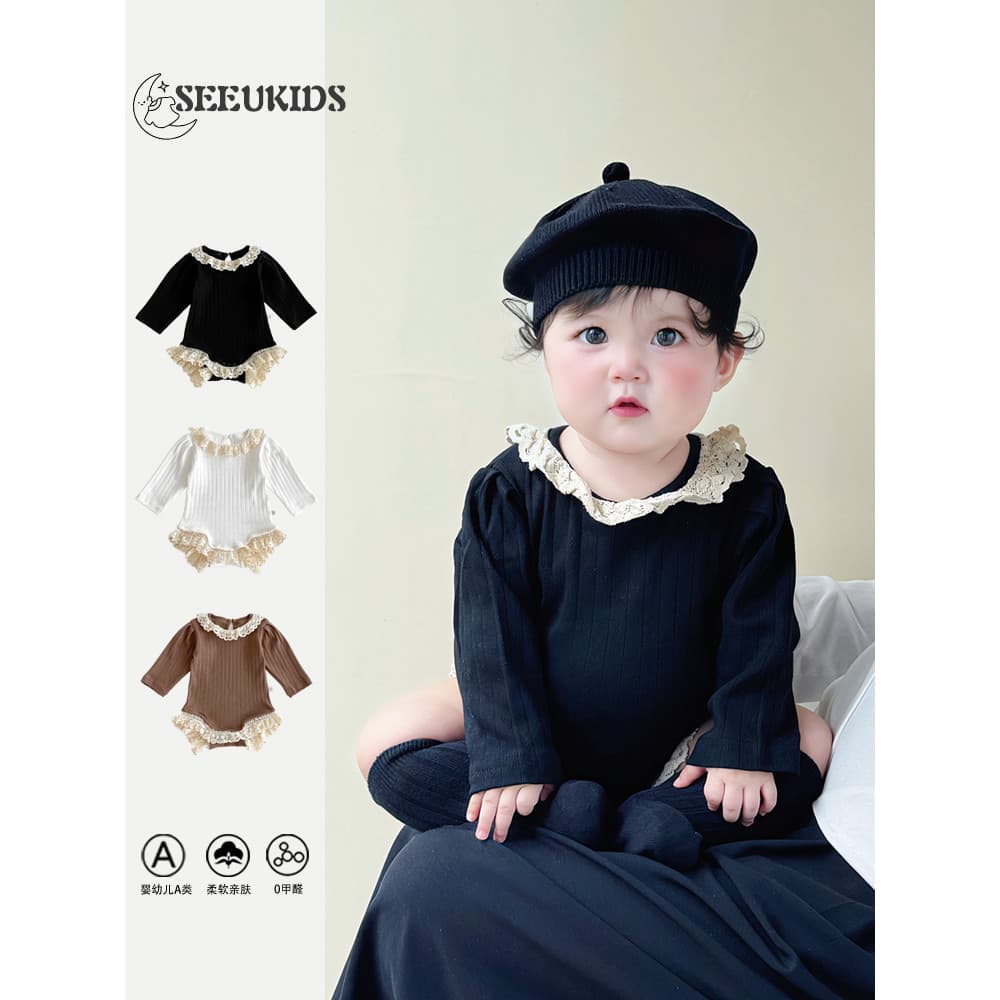 2025 outono novo produto bebê menina versão coreana oco renda em torno do pescoço Pit Strip manga longa macacão bebê doc