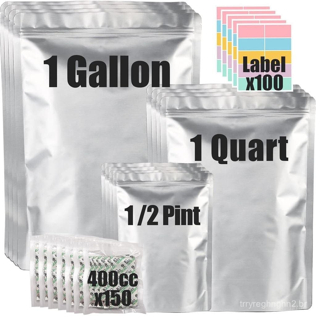 100 sacos de Mylar para armazenamento com 150 absorvedores de oxigênio e etiquetas, 10 mil de espessura, 3 tamanhos (1 g