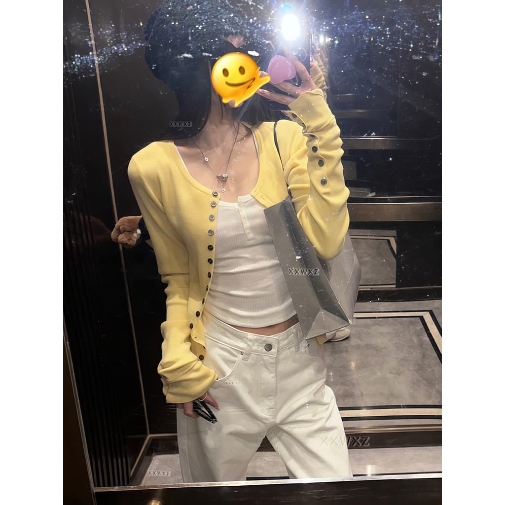Amarelo início do outono topo feminino estilo coreano estilo suave malha Cardigan jaqueta feminina fino-ajuste mais magr