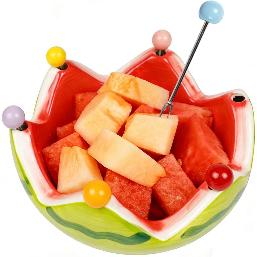 Tigela de Cerâmica em Forma de Melancia com 6 Garfos, Conjunto de 7 Peças de Grande Capacidade, Tigela para Salada, Adeq
