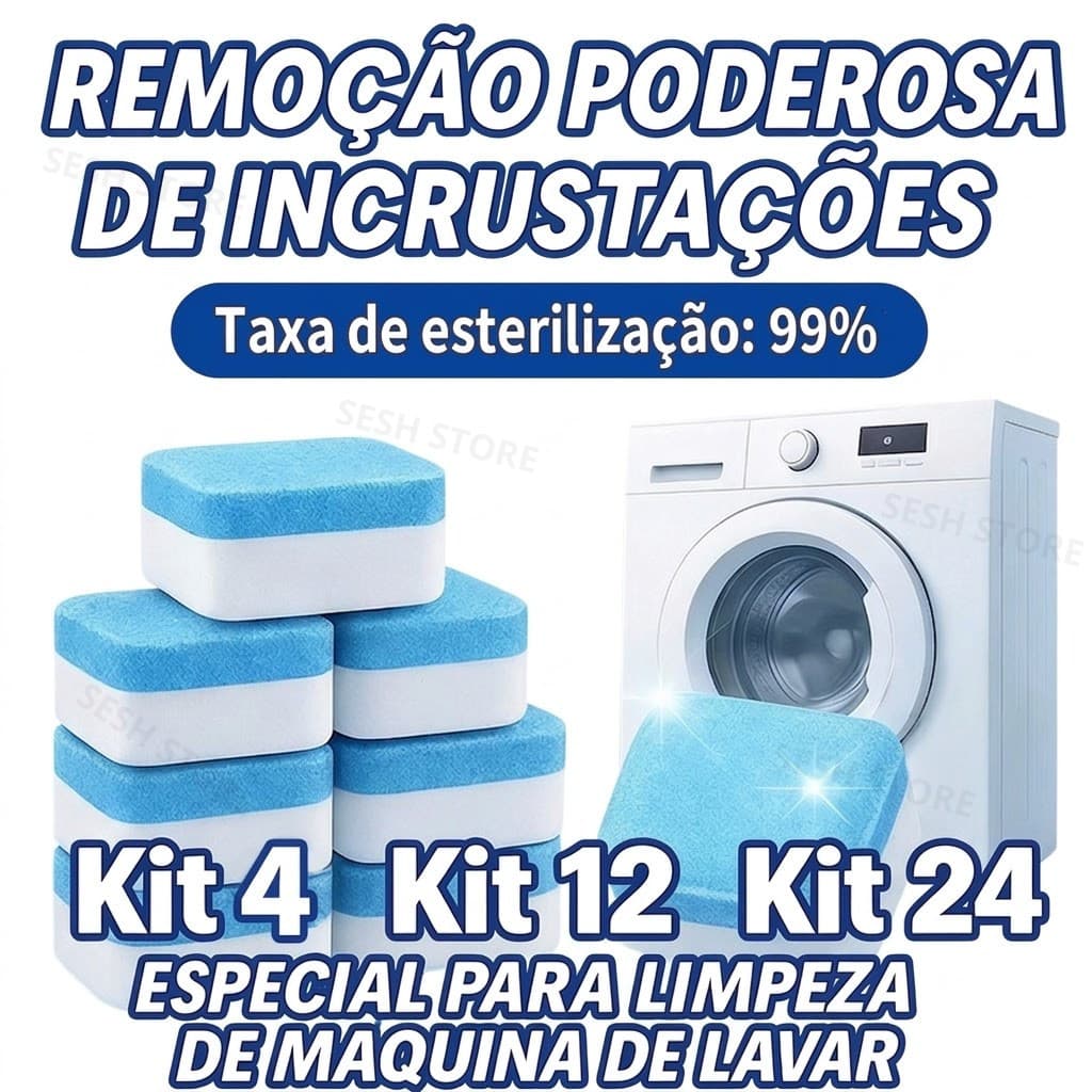 Kit Pastilhas para Limpeza de Máquinas de Lavar Roupas Clareia Limpa Tira Cheiro Odor Sujeira Efervescentes