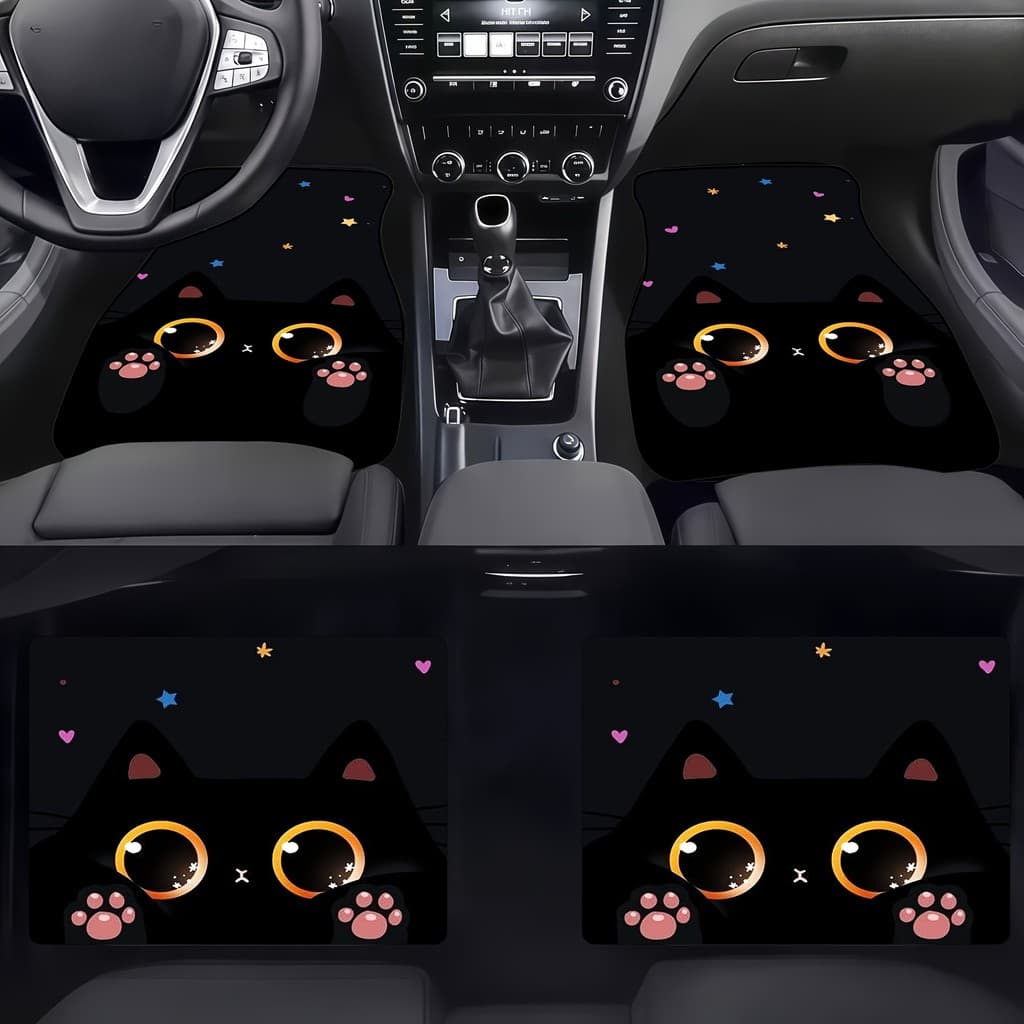 Conjunto de quatro peças de tapete para pés de carro, usando Design elegante de padrão de gato preto, materiais selecion