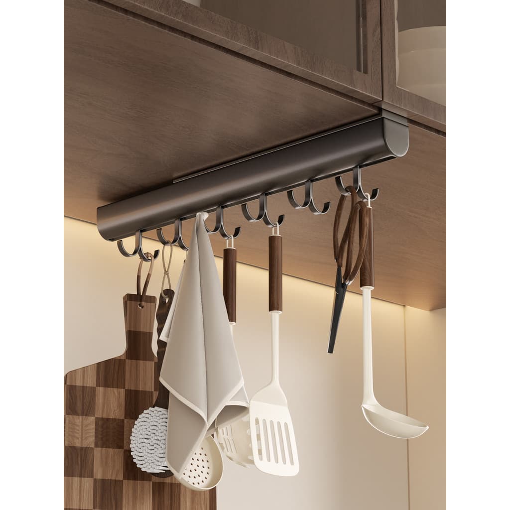 Gancho de cozinha sem perfuração, gancho sob o armário, haste de suspensão, prateleira multifuncional, espátula, colher,