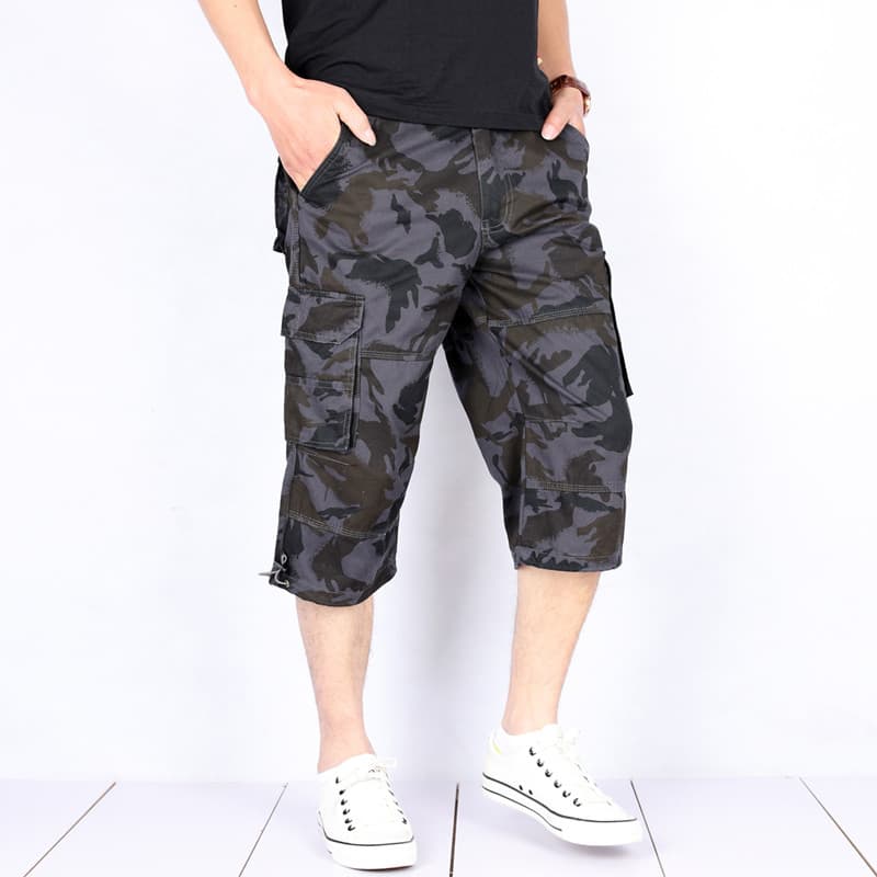 Calças cortadas casuais masculinas verão fino Multi-bolso macacão na moda camuflagem Shorts soltos tamanho grande calças