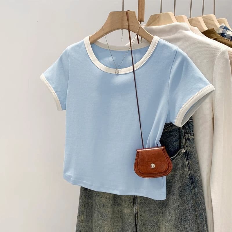 Em torno do pescoço contraste cor puro algodão frente ombro de manga curta camiseta feminina verão novo estilo fino-ajus