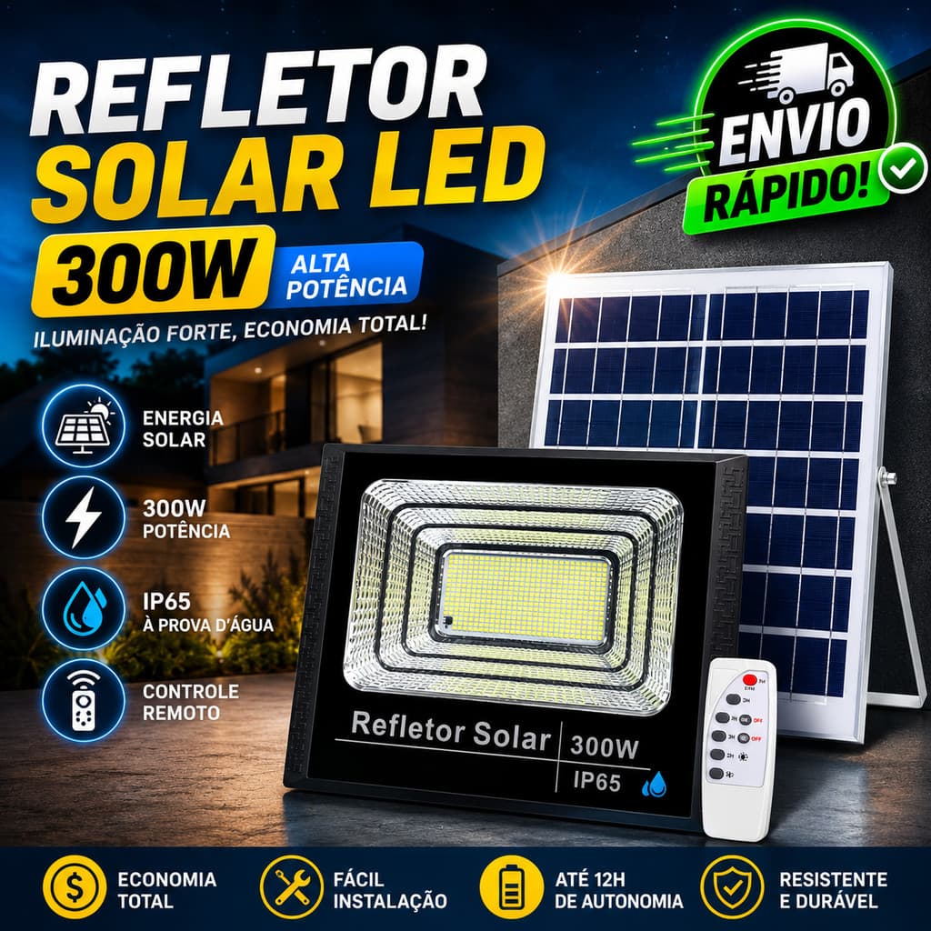 Refletor Solar 300W LED Com Controle Remoto E Placa Solar À Prova D'água IP65 Paylow