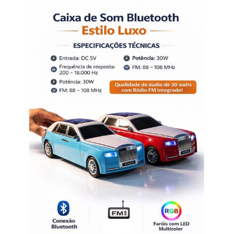 Caixa de Som Bluetooth Carro Luxo Rolls Style XDG-500 Xtrad LCD TWS 30W Som Potente FM USB