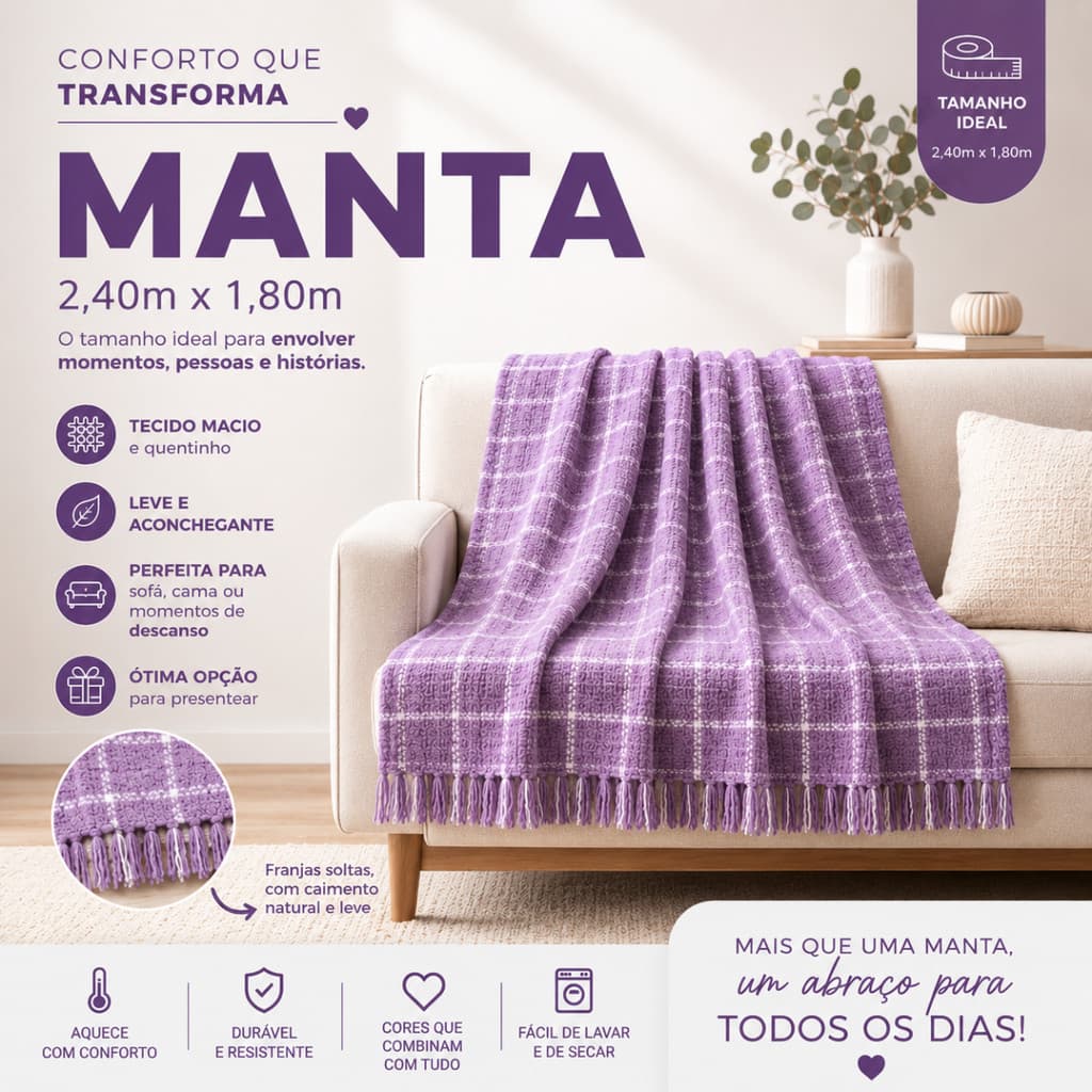 Manta Grande para Sofá 2,40 x 1,80m em Algodão Macio – Elegância e Conforto