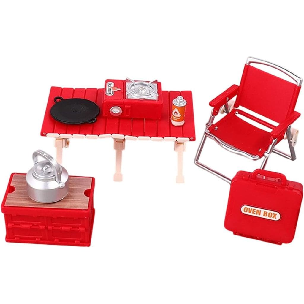 Conjunto de decoração interativa para casa de bonecas, com móveis dobráveis como mesas e cadeiras, criando uma cena de a