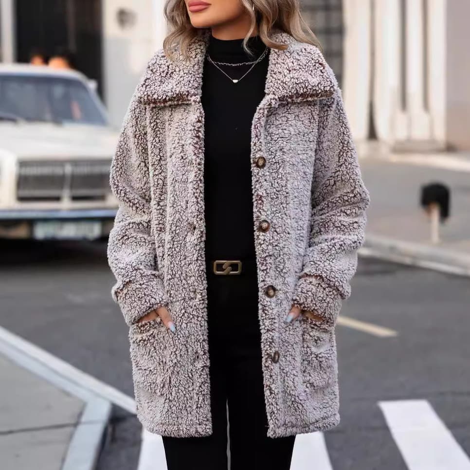 Flashy 2025 outono inverno novo Cross-Border feminino europeu americano Casual lapela solta único Breasted meados de com