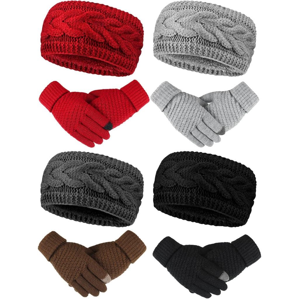 Conjunto Janmercy de 8 Peças para Mulheres: Faixas de Cabeça e Luvas de Inverno, Forradas com Lã Macia, Protetores de Or