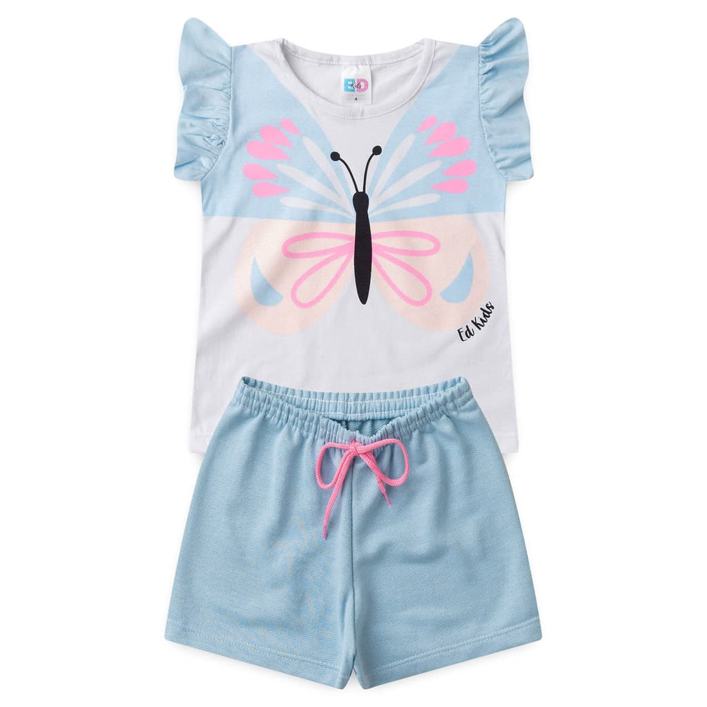 Conjunto Infantil Verão Feminino com Manga Babado Butterfly - Branco