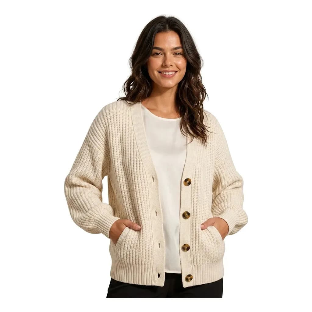 Cardigan Feminino Tricot Canelado Manga Bufante Decote V