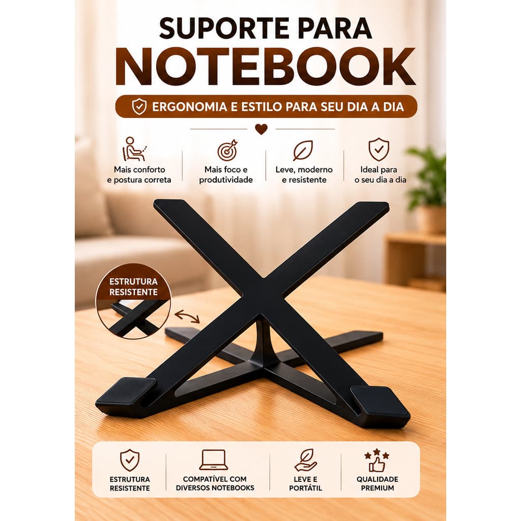 Suporte Para Notebook Ergonômico Base Elevada Dobrável Antiderrapante Universal Preto Para Laptop Gamer Home Office