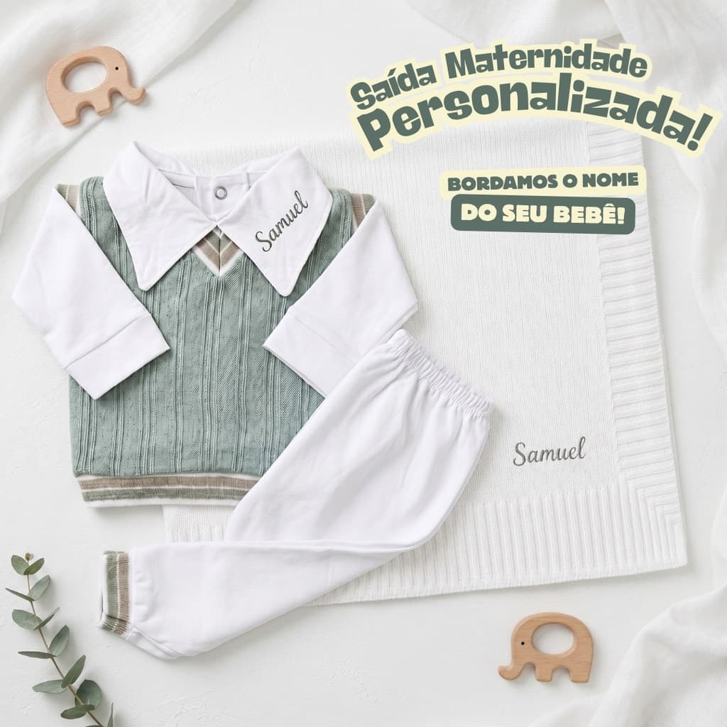 Saída Maternidade Recém-nascido 4 Peças Personalizado Pagão + Manta Tricô 4 Peças RN Bebê Menino