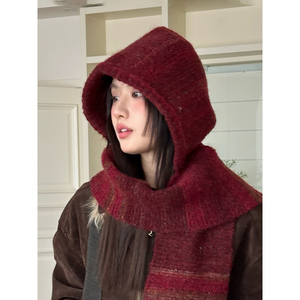 Lenço com capuz de malha vermelha chapéu integrado feminino outono inverno quente engrossado à prova de frio pescoço pro