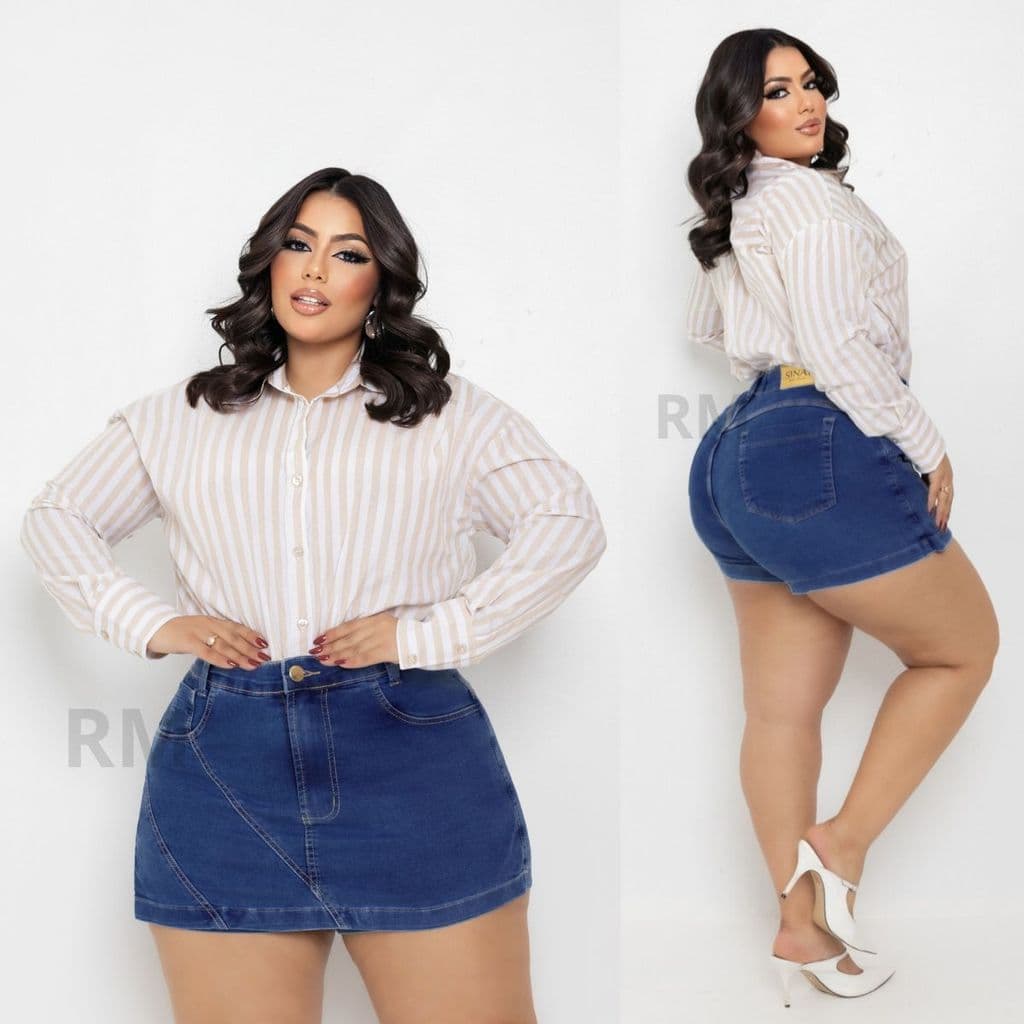 Short Saia Jeans Feminino Plus Size Com Lycra Cintura Alta Com Ziper