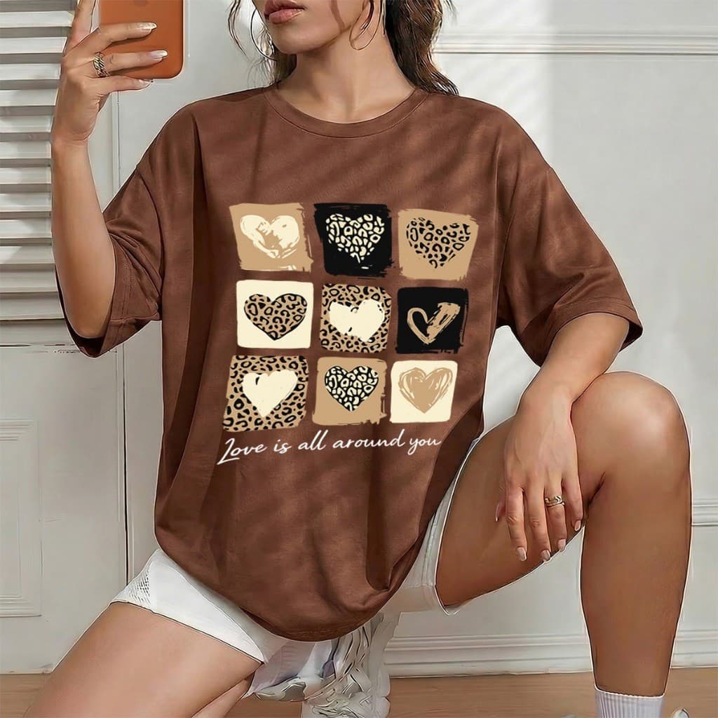 Camiseta Feminina Coração Estilo Blogueirinha Tons Terrosos T-shirt Básica Dia a Dia Envio Rápido!