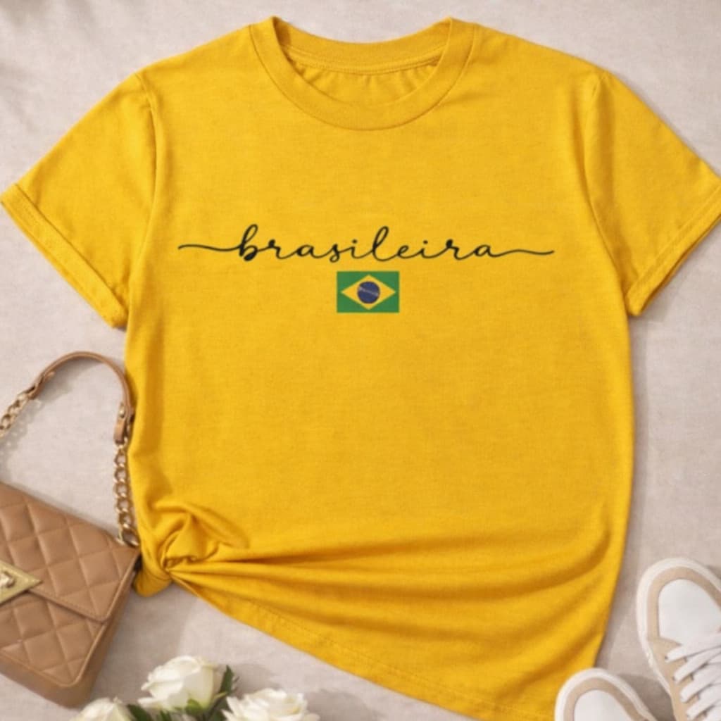 Camiseta Brasileira Femenina Copa Brasil  Estampa Minimalista Casual Confortável